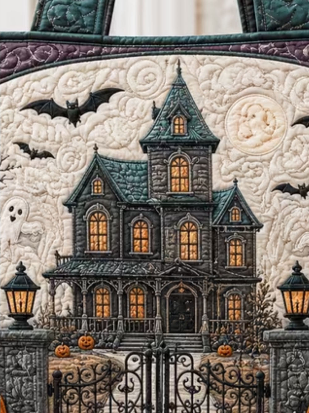 Haunted Victorian Quilted Tote — Teal, Black & Cream Halloween Scene nwt xlg